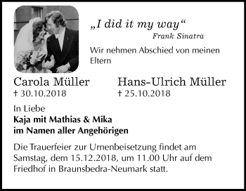 Traueranzeige von Carola und Hans-Ulrich Müller von Mitteldeutsche Zeitung Merseburg/Querfurt