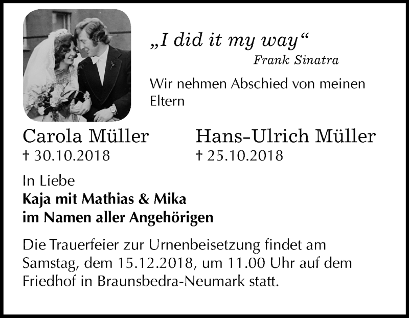  Traueranzeige für Carola und Hans-Ulrich Müller vom 08.12.2018 aus Mitteldeutsche Zeitung Merseburg/Querfurt