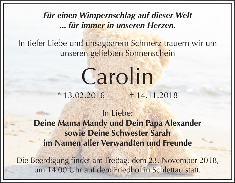  Traueranzeige für Carolin  vom 21.11.2018 aus Mitteldeutsche Zeitung Halle/Saalkreis