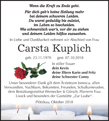 Traueranzeige von Carsta Kuplich von Mitteldeutsche Zeitung Bernburg
