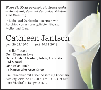 Traueranzeige von Cathleen jantsch von WVG - Wochenspiegel Bitterfeld