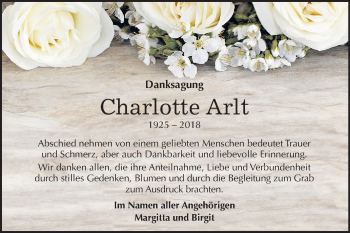 Traueranzeige von Charlotte Arlt von Mitteldeutsche Zeitung Dessau-Roßlau