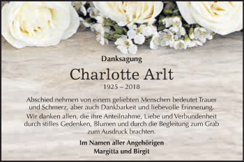 Traueranzeige von Charlotte Arlt von WVG - Wochenspiegel Dessau / Köthen