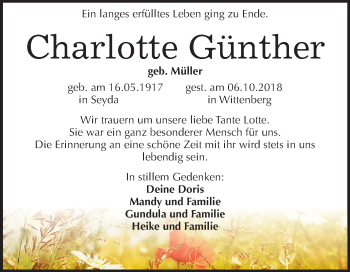 Traueranzeige von Charlotte Günther von Mitteldeutsche Zeitung Wittenberg