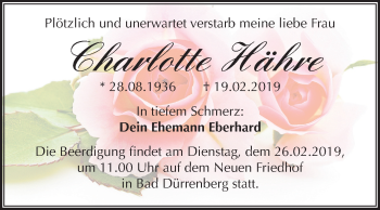 Traueranzeige von Charlotte Hähre von Mitteldeutsche Zeitung Merseburg/Querfurt