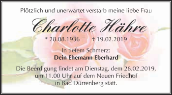 Traueranzeige von Charlotte Hähre von Super Sonntag Merseburg