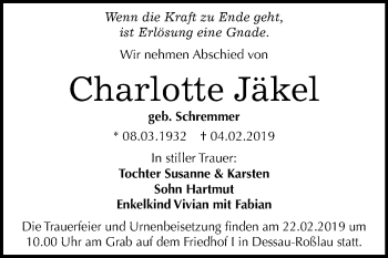 Traueranzeige von Charlotte Jäkel von Mitteldeutsche Zeitung