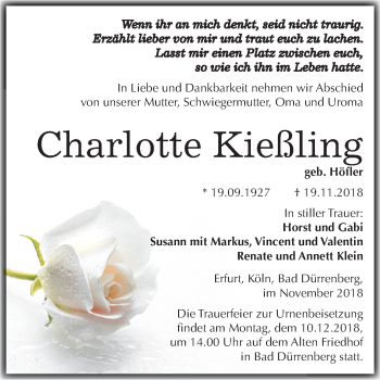 Traueranzeige von Charlotte Kießling von Mitteldeutsche Zeitung Merseburg/Querfurt