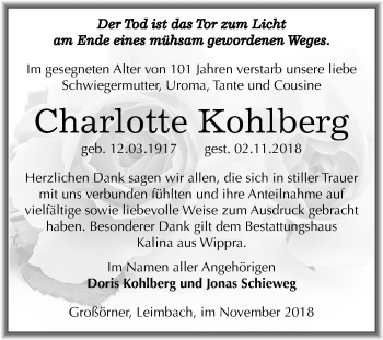 Traueranzeige von Charlotte Kohlberg von Mitteldeutsche Zeitung Mansfelder Land