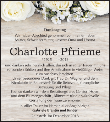 Traueranzeige von Charlotte Pfrieme von Mitteldeutsche Zeitung Quedlinburg