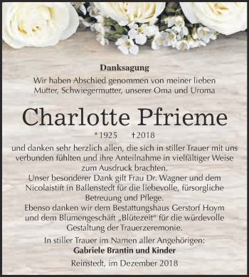 Traueranzeige von Charlotte Pfrieme von Super Sonntag Aschersleben
