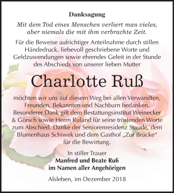Traueranzeige von Charlotte Ruß von Mitteldeutsche Zeitung Bernburg