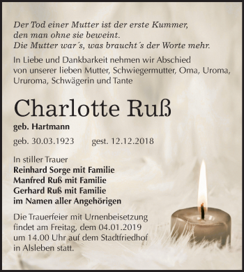 Traueranzeige von Charlotte Ruß von Mitteldeutsche Zeitung Bernburg