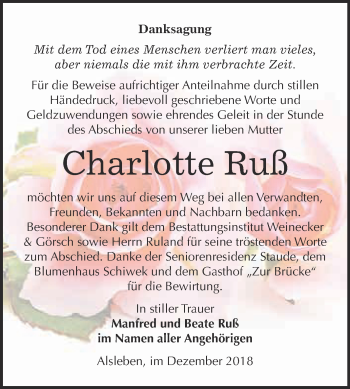 Traueranzeige von Charlotte Ruß von Super Sonntag Bernburg