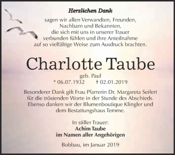 Traueranzeige von Charlotte Taube von WVG - Wochenspiegel Bitterfeld