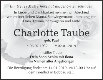 Traueranzeige von Charlotte Taube von WVG - Wochenspiegel Bitterfeld