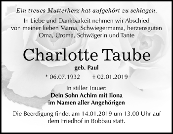 Traueranzeige von Charlotte Taube von Mitteldeutsche Zeitung Bitterfeld