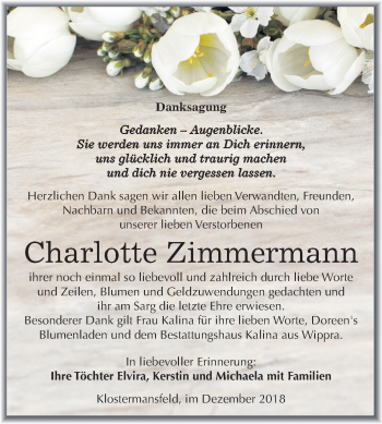 Traueranzeige von Charlotte Zimmermann von Mitteldeutsche Zeitung Mansfelder Land