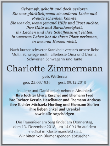 Traueranzeige von Charlotte Zimmermann von Mitteldeutsche Zeitung Aschersleben