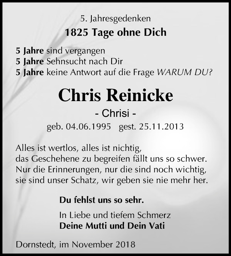  Traueranzeige für Chris Reinicke vom 24.11.2018 aus Mitteldeutsche Zeitung Halle/Saalkreis