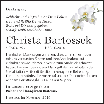 Traueranzeige von Christa Bartossek von Mitteldeutsche Zeitung Aschersleben