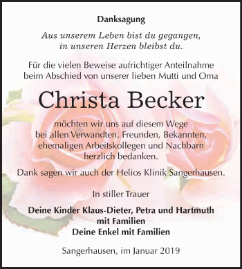 Traueranzeige von Christa Becker von Super Sonntag SGH Mansf. Land