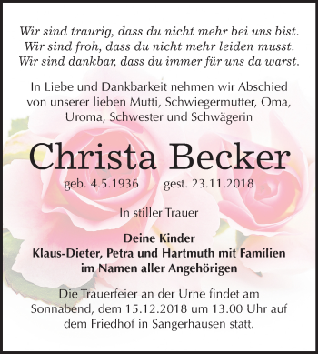 Traueranzeige von Christa Becker von Mitteldeutsche Zeitung Sangerhausen