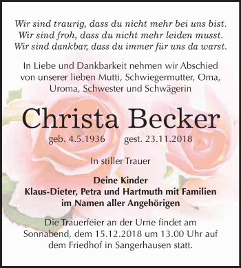 Traueranzeige von Christa Becker von Super Sonntag SGH Mansf. Land