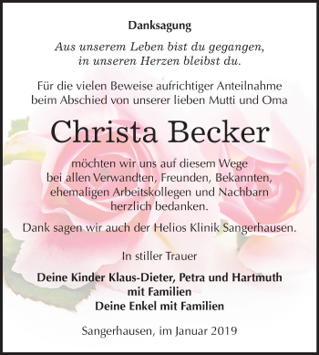 Traueranzeige von Christa Becker von Mitteldeutsche Zeitung Sangerhausen