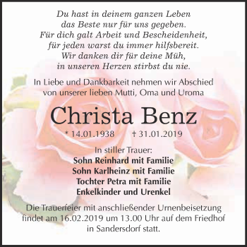 Traueranzeige von Christa Benz von WVG - Wochenspiegel Bitterfeld