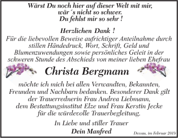 Traueranzeige von Christa Bergmann von WVG - Wochenspiegel Dessau / Köthen