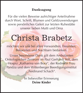 Traueranzeige von Christa Brabetz von Mitteldeutsche Zeitung