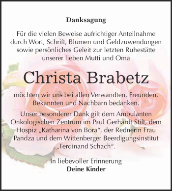 Traueranzeige von Christa Brabetz von WVG - Wochenspiegel Wittenberg