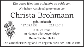 Traueranzeige von Christa Brohmann von WVG - Wochenspiegel Dessau / Köthen