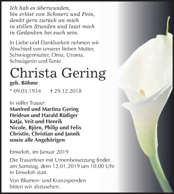 Traueranzeige von Christa Gering von Super Sonntag SGH Mansf. Land