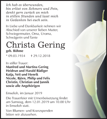 Traueranzeige von Christa Gering von Mitteldeutsche Zeitung Sangerhausen