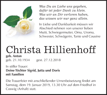 Traueranzeige von Christa Hillienhoff von Mitteldeutsche Zeitung Wittenberg