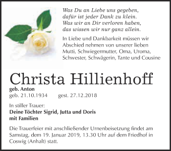 Traueranzeige von Christa Hillienhoff von Super Sonntag Wittenberg