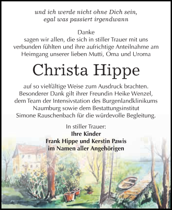 Traueranzeige von Christa Hippe von WVG - Wochenspiegel NMB / WSF / ZTZ