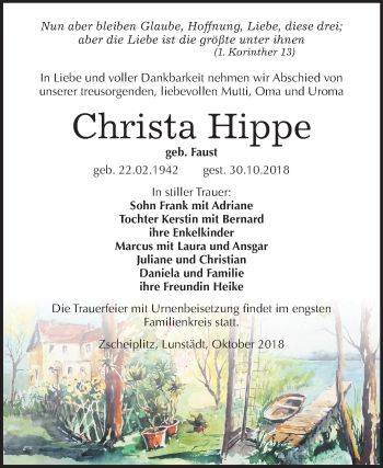 Traueranzeige von Christa Hippe von Mitteldeutsche Zeitung Naumburg/Nebra