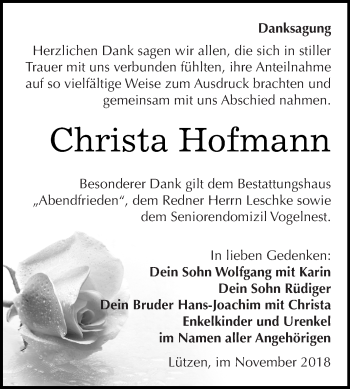 Traueranzeige von Christa Hofmann von WVG - Wochenspiegel Merseburg