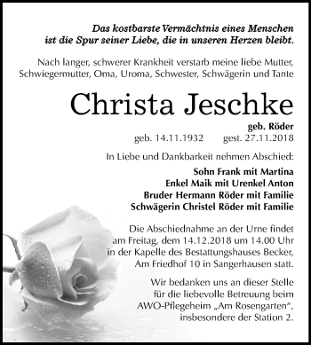 Traueranzeige von Christa Jeschke von Mitteldeutsche Zeitung Sangerhausen