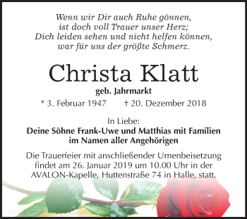 Traueranzeige von Christa Klatt von Mitteldeutsche Zeitung Merseburg/Querfurt