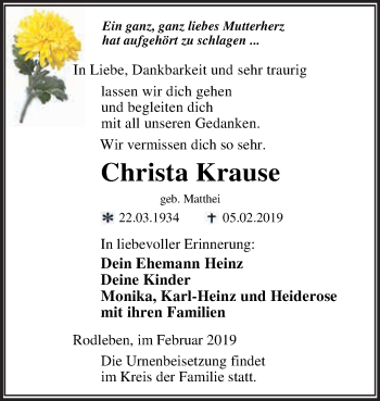 Traueranzeige von Christa Krause von WVG - Wochenspiegel Dessau / Köthen