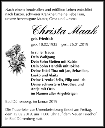 Traueranzeige von Christa Maak von Mitteldeutsche Zeitung Merseburg/Querfurt