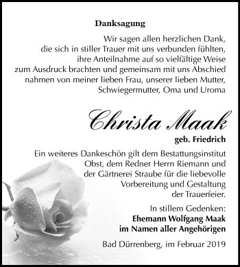 Traueranzeige von Christa Maak von Mitteldeutsche Zeitung Merseburg/Querfurt