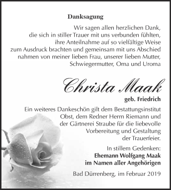 Traueranzeige von Christa Maak von Super Sonntag Merseburg