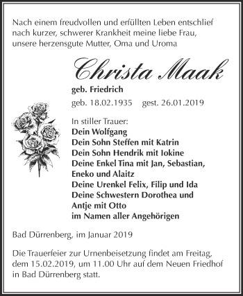 Traueranzeige von Christa Maak von Super Sonntag Merseburg