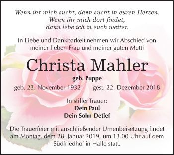 Traueranzeige von Christa Mahler von Mitteldeutsche Zeitung Halle/Saalkreis