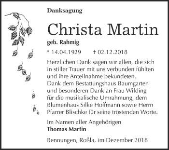 Traueranzeige von Christa Martin von Super Sonntag SGH Mansf. Land